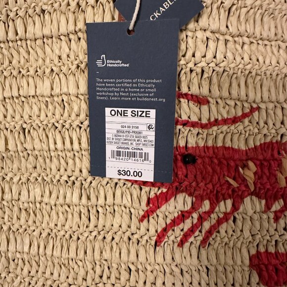 NWT Universal Thread Straw Straw Packable Tote Bag with Red Shrimp Embroidery - Picture 3 of 8